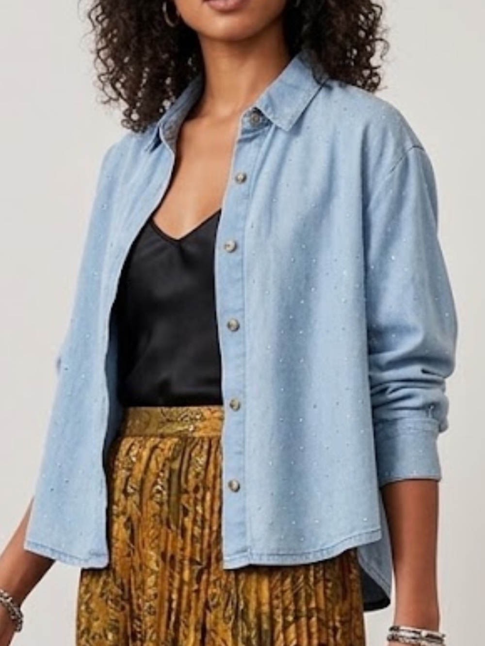 Tencel Metal Rhinestone all over sparkle embellished Button-Down boxy Shirt M